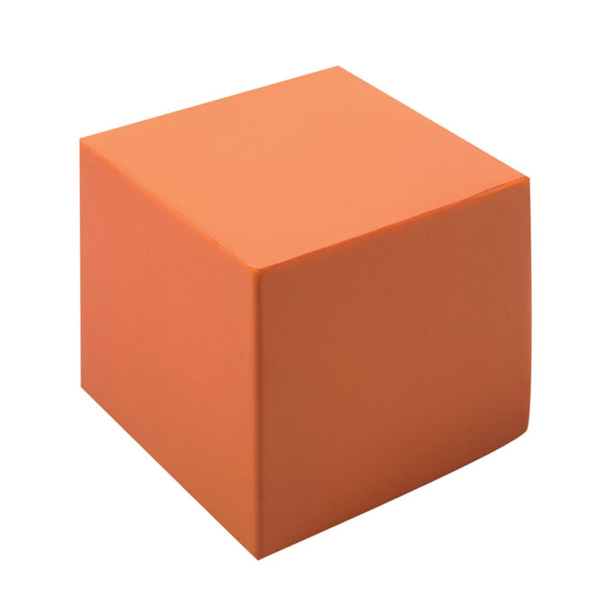 An orange stress shape cube with a smooth surface and a simple design. It has a branding logo on one side.