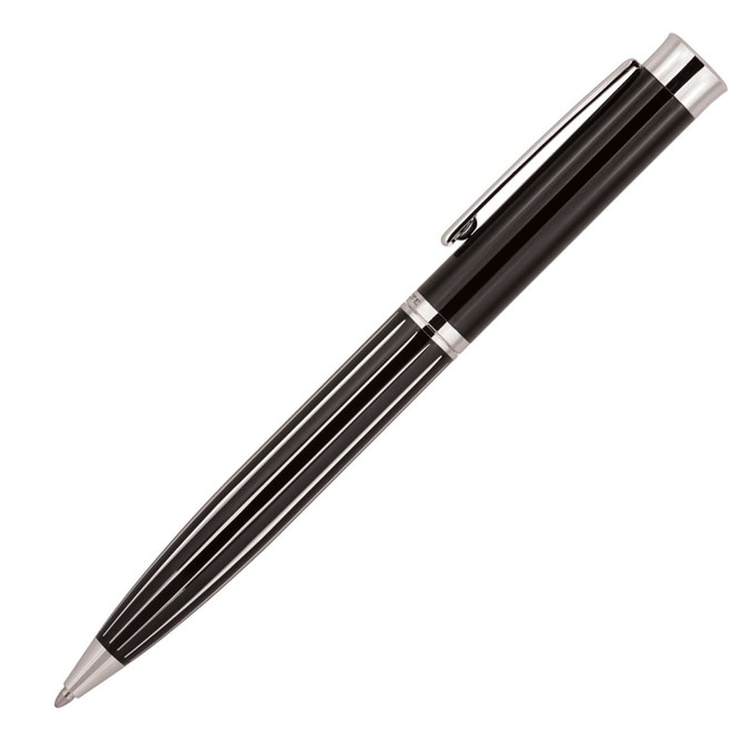 A metal ballpoint pen in black with silver stripe detailing and a sleek design, featuring a clip and a branding logo.