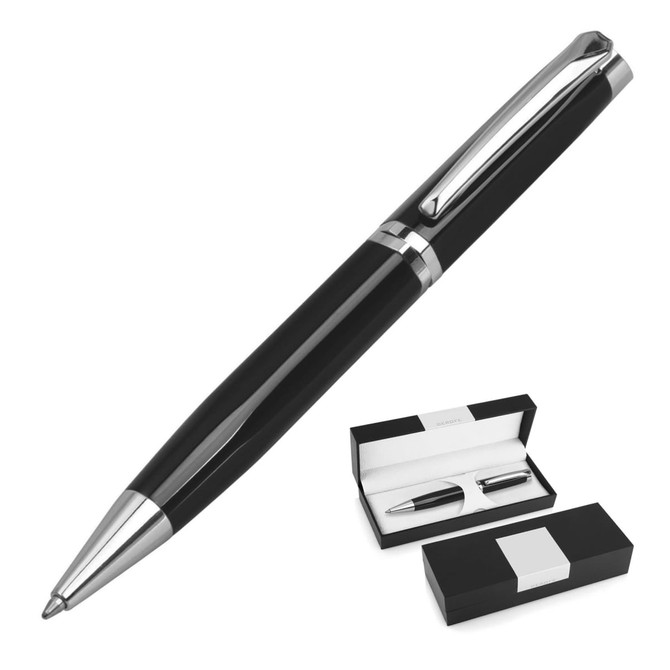 A black metal ballpoint pen with a hexagonal shape, accompanied by a black and white gift box.