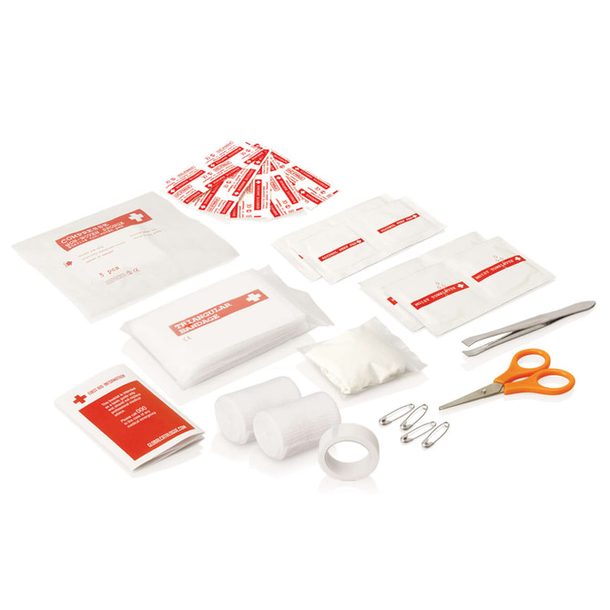 A First Aid Kit Belt Pouch containing 30 items, including bandages, gauze, scissors, and safety pins, in white and red.