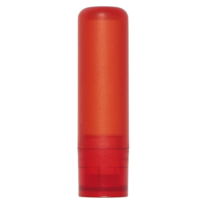 A bright orange lip balm in a sleek, cylindrical container with a clear base.