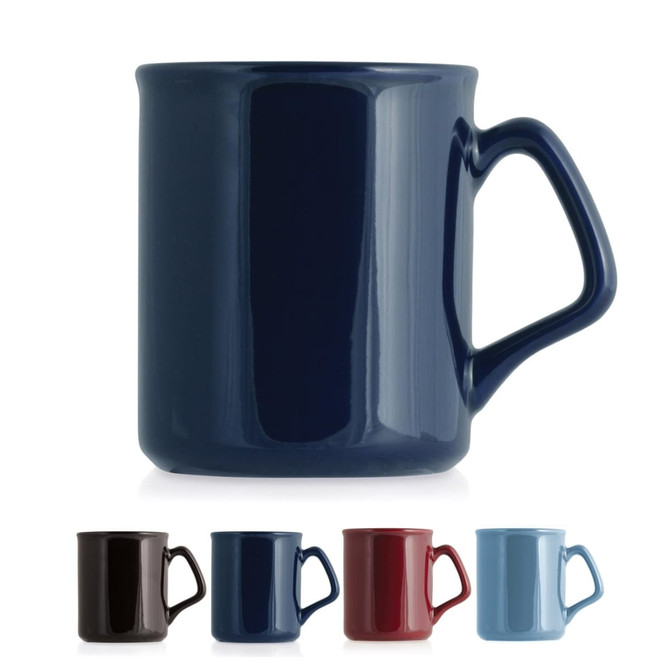 A ceramic mug in navy blue with a sturdy handle, alongside versions in black, red, and light blue. It features a logo.