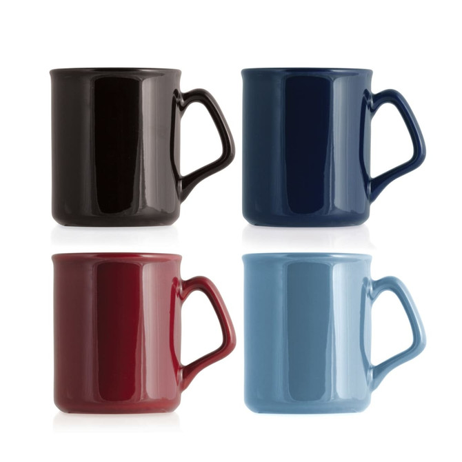 Four ceramic mugs in black, navy blue, burgundy, and light blue, each with a handle, featuring a glossy finish.