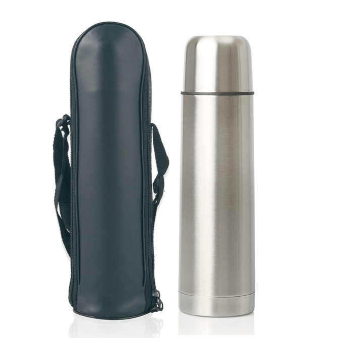 A drink bottle in stainless steel with a sleek design, accompanied by a black carrying case.