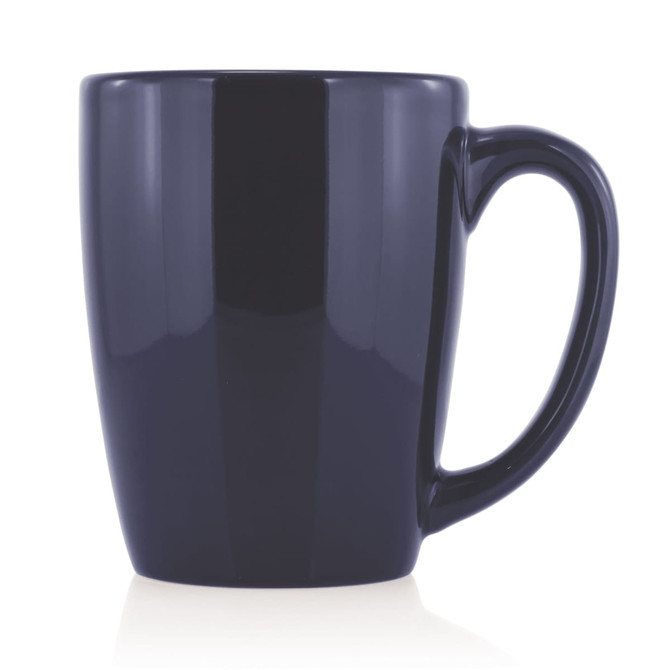 A ceramic mug in a deep navy colour, featuring a handle and a glossy finish.