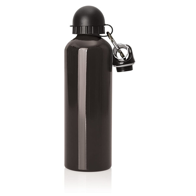 A drink bottle in glossy black aluminium, featuring a screw-on cap with a clip and a branded logo. A drink bottle in glossy black aluminium, featuring a screw-on cap with a clip and a branded logo.