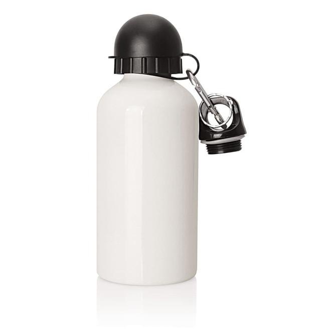 A drink bottle in white with a black screw cap and a silver keychain attachment. Features a logo. A drink bottle in white with a black screw cap and a silver keychain attachment. Features a logo.