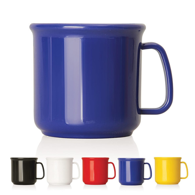 A blue plastic cup with a handle, accompanied by smaller cups in black, white, red, and yellow.