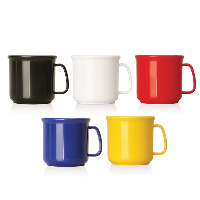 A set of five plastic cups in black, white, red, blue, and yellow with handles, featuring a simple, rounded design.