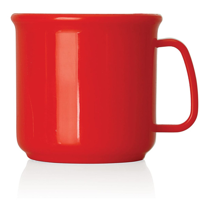 A red plastic cup with a handle, featuring a glossy finish and a 300ml capacity. It has a logo on one side.