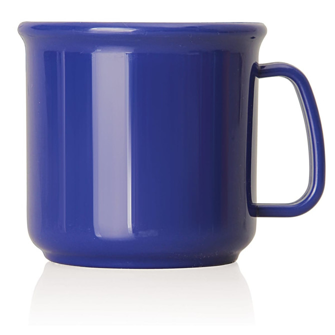 A plastic cup in a deep blue colour with a handle, featuring a smooth and shiny finish.
