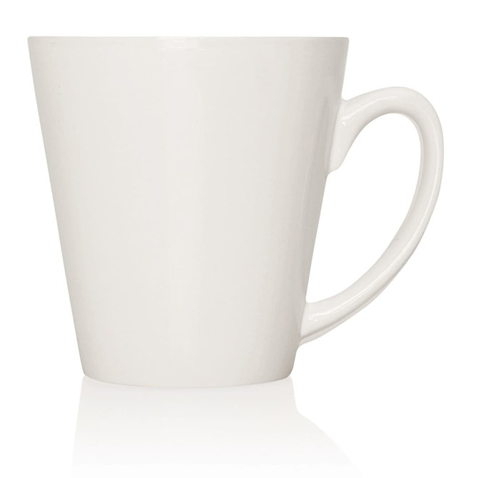 A ceramic mug in a cone shape, featuring a white finish and a curved handle, with a branding logo.
