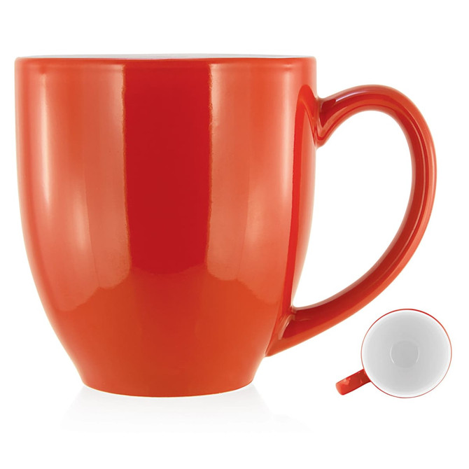 A ceramic mug in bright red with a curved handle and a smooth finish, featuring a logo on the base.