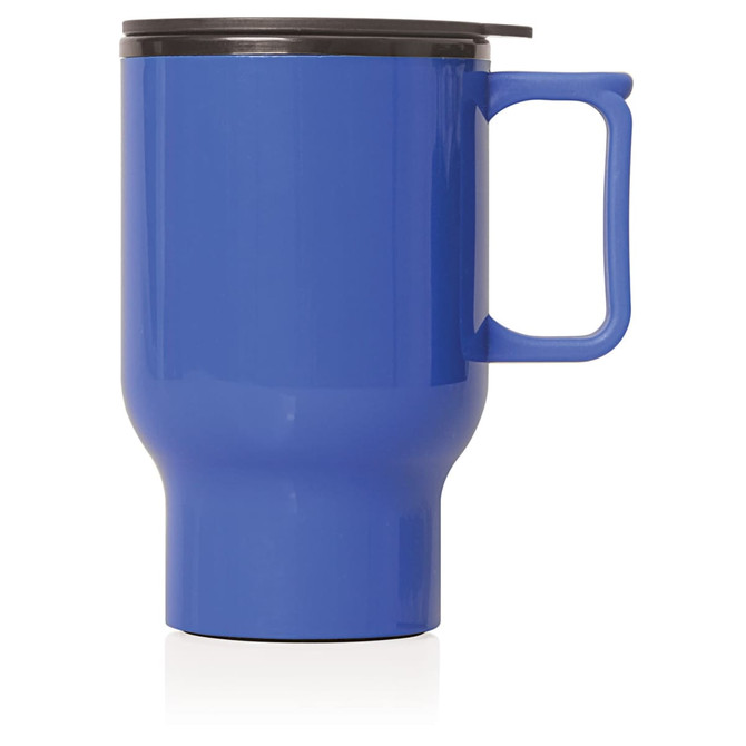 A drink bottle in vibrant blue with a handle and a black lid, featuring a logo on the surface.