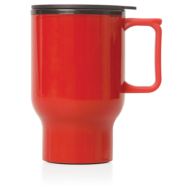 A drink bottle in vibrant red with a black lid and a sturdy handle, featuring a double wall design.