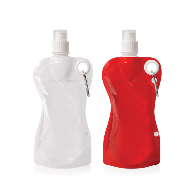 A drink bottle in transparent white and red colours, featuring a spray nozzle and carrying loop, with a logo.