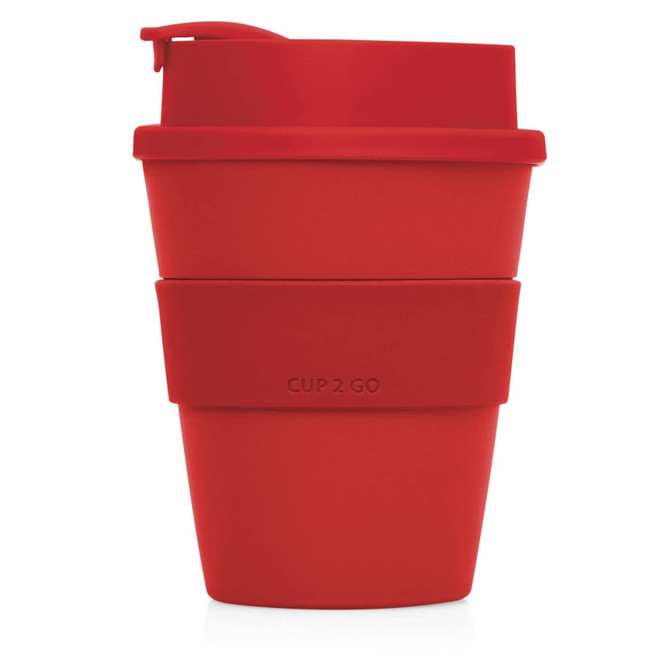 A drink bottle in a vibrant red colour with a silicone sleeve. It features a lid and a logo.