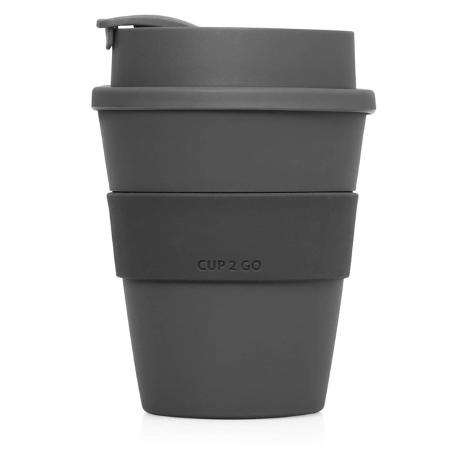 A drink bottle in dark grey, featuring a silicone grip and a lid, with a logo on the body.