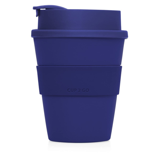 A drink bottle in navy blue, featuring a silicone sleeve and a lid, with a logo on the side.