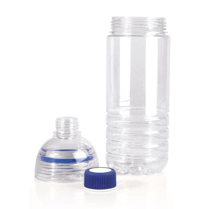 A drink bottle made of clear Tritan, with a blue cap, featuring a separate lid and a textured grip.