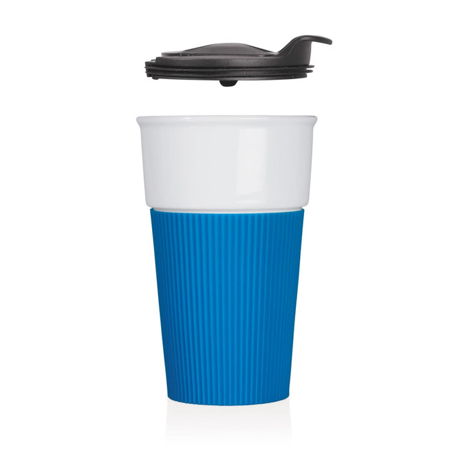 A drink bottle featuring a white ceramic top and a ribbed blue silicone base, with a black lid.