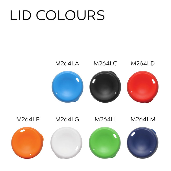 A collection of colourful lids for drink bottles, featuring blue, black, red, orange, white, green, and navy.