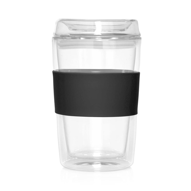 A drink bottle featuring a clear double wall design with a black silicone grip, holding 300ml.