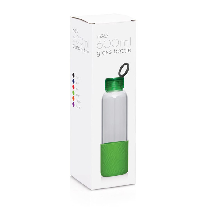 A drink bottle with a transparent glass body and a green silicone base, packaged in a box with a logo.
