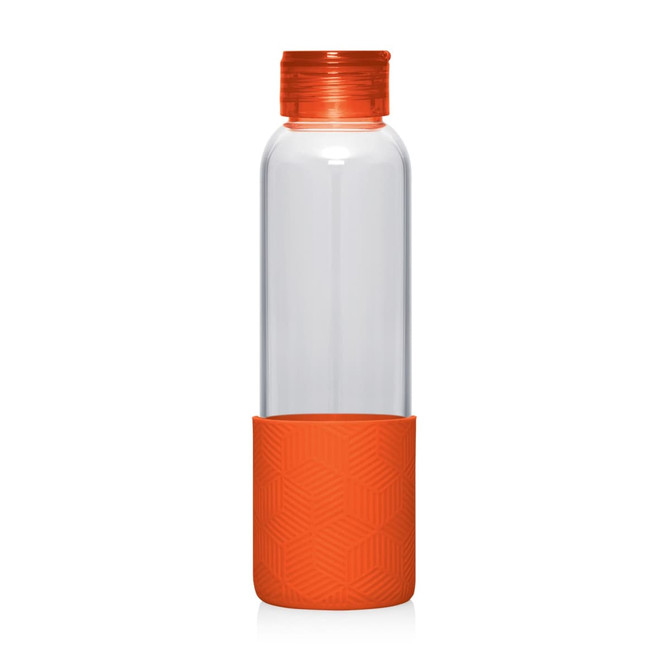 A drink bottle with a clear body and orange silicone base and lid, featuring a logo. Holds 600ml.