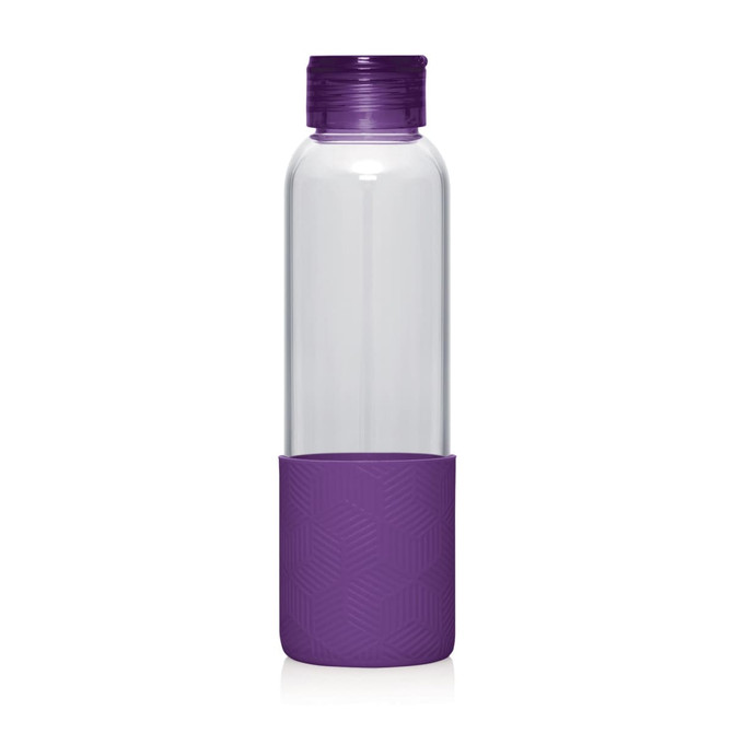 A drink bottle with a clear body and a purple silicone base, featuring a textured design, holds 600ml.