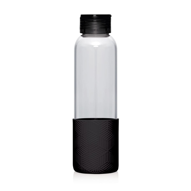 A drink bottle with a clear body and a textured black base, featuring a black screw-on lid.
