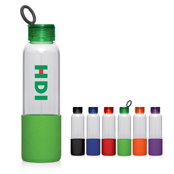 A drink bottle with a clear body, green lid, and various coloured bases in red, black, purple, orange, and blue. It has a logo.