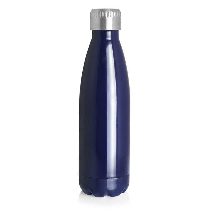 A drink bottle in dark blue with a silver screw top. The bottle has a sleek, rounded design and features a logo.
