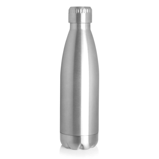 A drink bottle made of stainless steel with a sleek, metallic finish, featuring a screw-top lid and a logo.