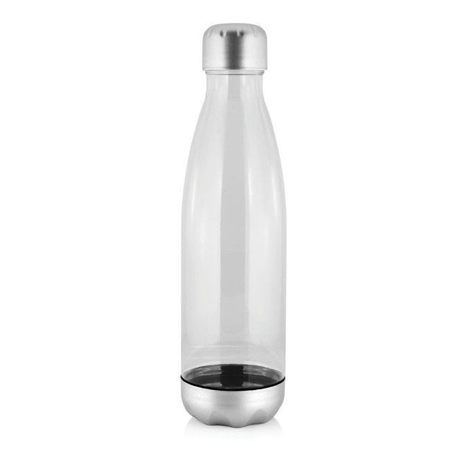 A drink bottle made of clear Tritan, featuring a silver base and lid. It holds 700ml.