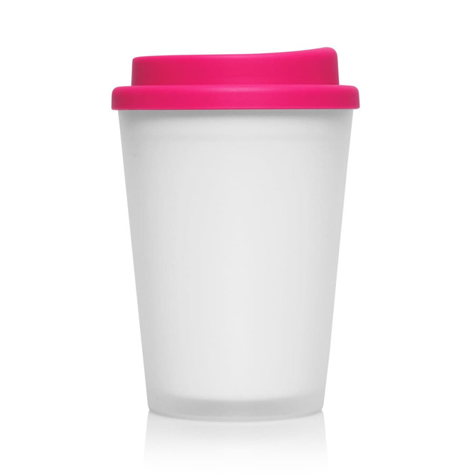 A frosted white double wall cup with a pink lid, designed for beverages. It features a logo on the side.