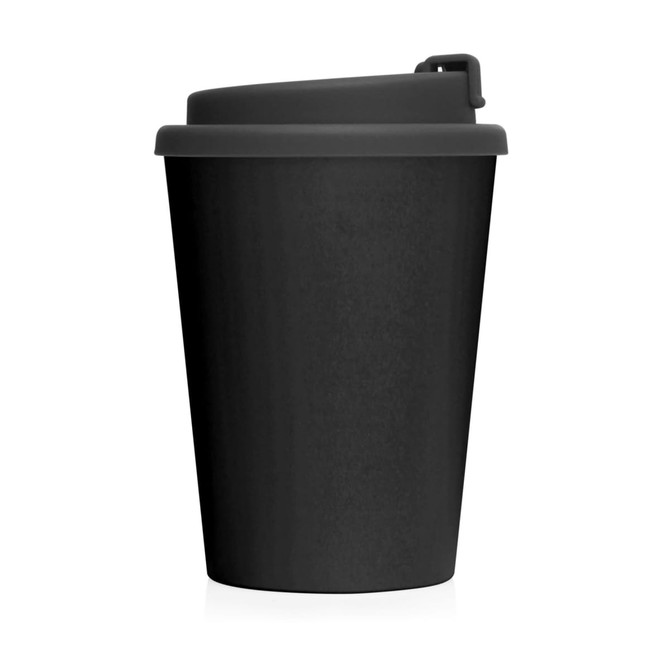 A drink bottle featuring a black double wall design with a lid, suitable for on-the-go beverages.