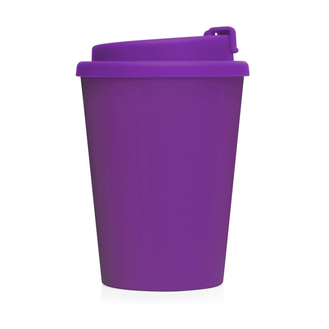 A purple double wall cup with a lid, suitable for beverages. It includes a logo on the side.
