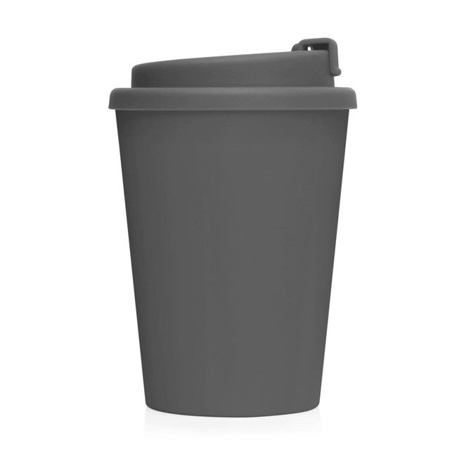 A drink bottle in dark grey with a double wall and a secure lid, suitable for coffee on the go.