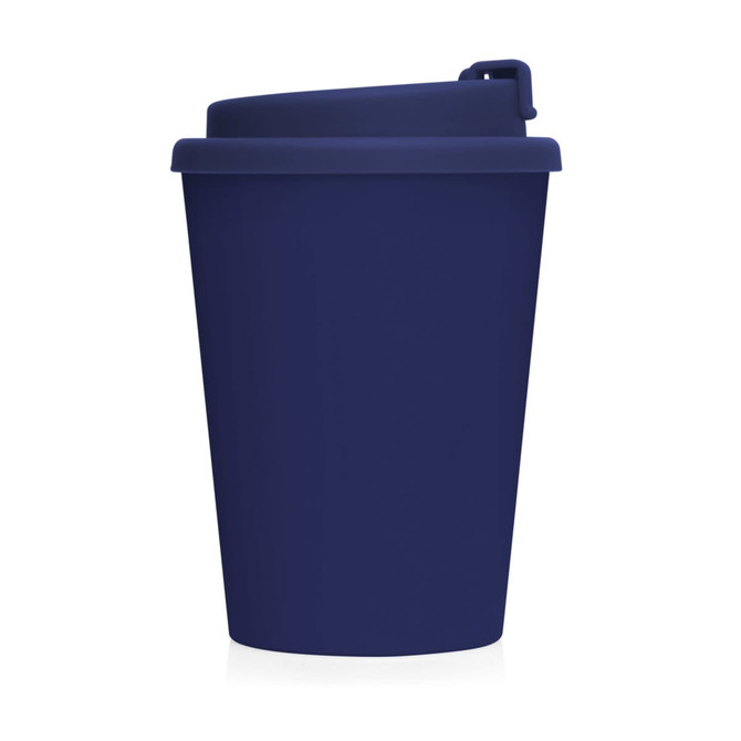 A drink bottle in dark blue featuring a plastic double wall design and a secure lid. It has a logo.