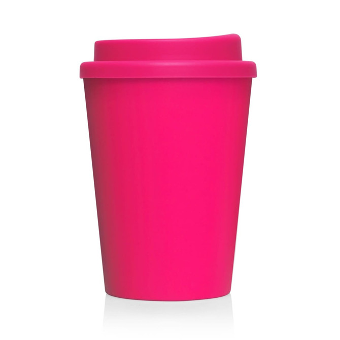 A pink double wall coffee cup with a fitted lid, designed for on-the-go use. It features a logo on the side.