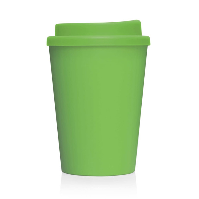 A drink bottle in vibrant green, featuring a double wall design and a secure lid. It has a logo visible on the surface.