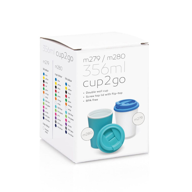 A packaging box containing two teal and white double wall cups, 356ml, with a screw top lid and a branding logo.