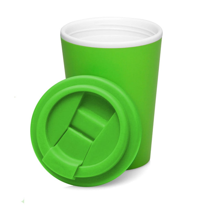 A green double wall coffee cup with a matching lid, designed for take-away drinks.