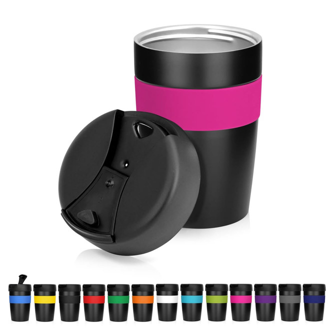 A drink bottle featuring a black stainless steel double wall design with a pink silicone grip and a black lid.