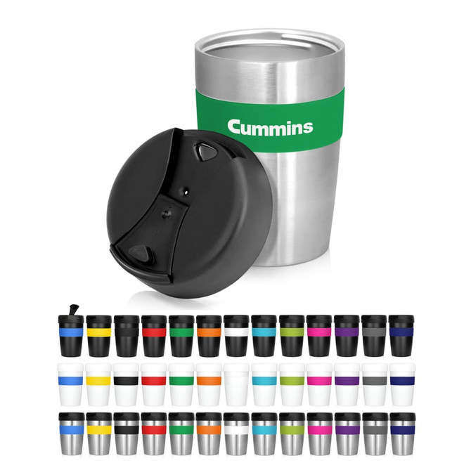 A stainless steel double wall coffee cup in silver, with a black lid, available in various colours. It features a logo.