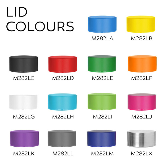 A drink bottle lid display featuring various colours, including blue, red, green, purple, and silver. Each lid has a distinct hue.