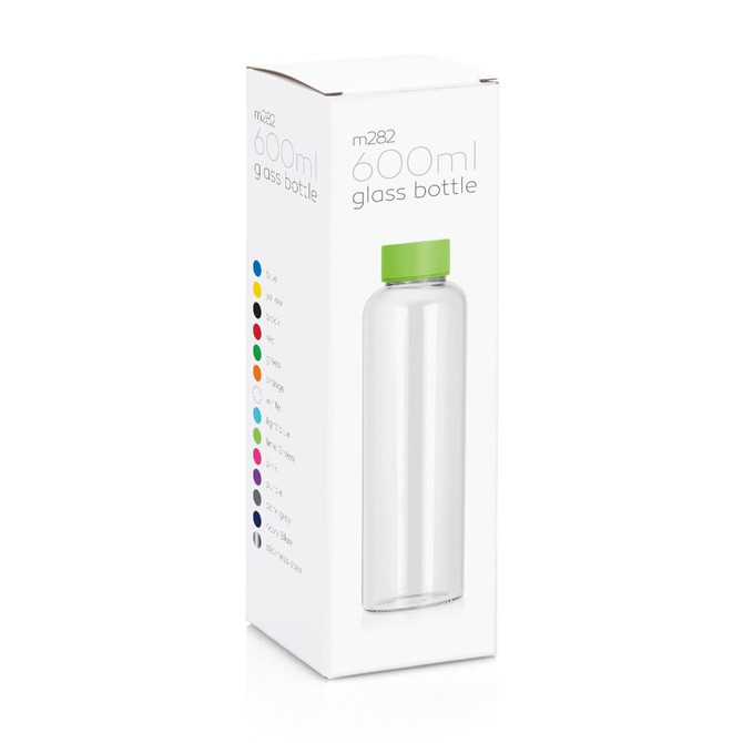 A drink bottle with a transparent glass design and a green cap, packaged in a white box with colour options displayed.