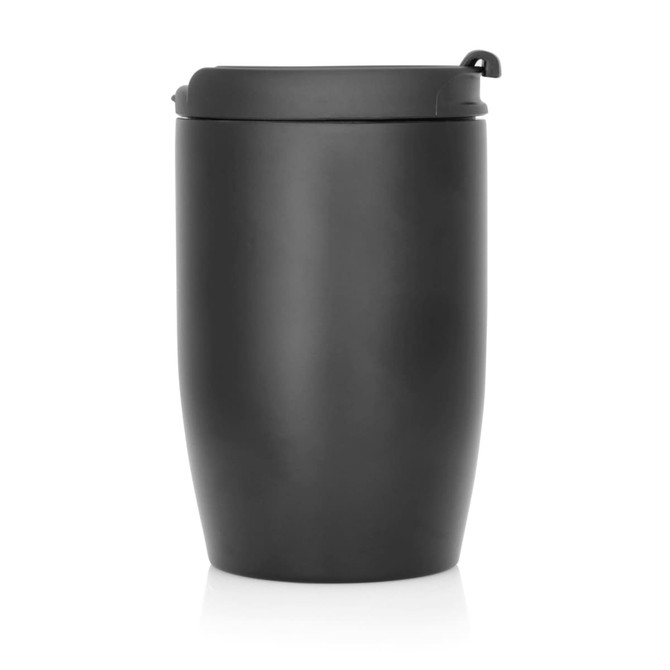 A drink bottle featuring a sleek black stainless steel design with a double wall and a lid, equipped with a logo.