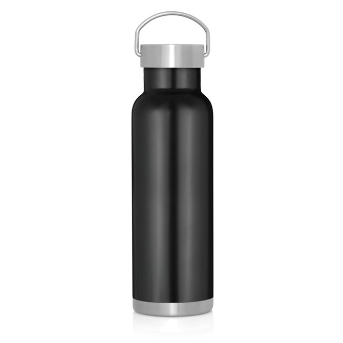 A drink bottle in sleek black with a stainless steel lid and handle, featuring a logo on the front.